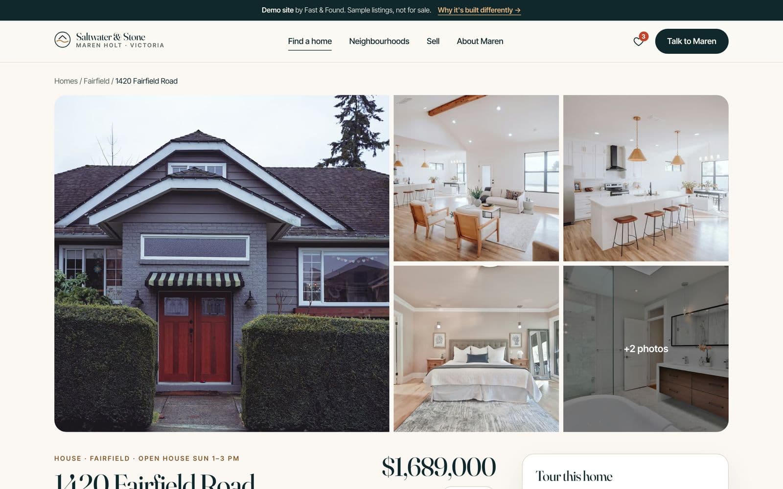 Demo listing page with photo gallery and tour booking