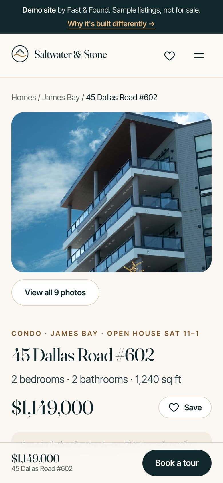 A demo listing page on a phone